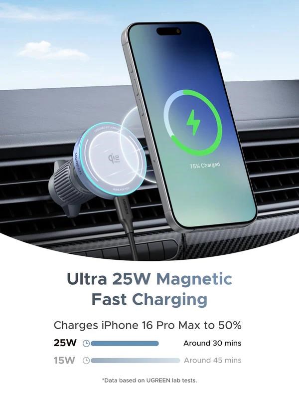 UGREEN magnetická bezdrátová nabíječka do auta MagFlow Qi2 25W,  MagSafe,  stříbrná4 