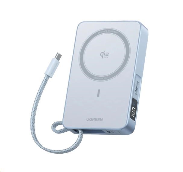 UGREEN magnetická powerbanka MagFlow 10000mAh s diplejem,  Li-ion,  30W,  MagSafe,  2x USB-C,  stříbrná0 