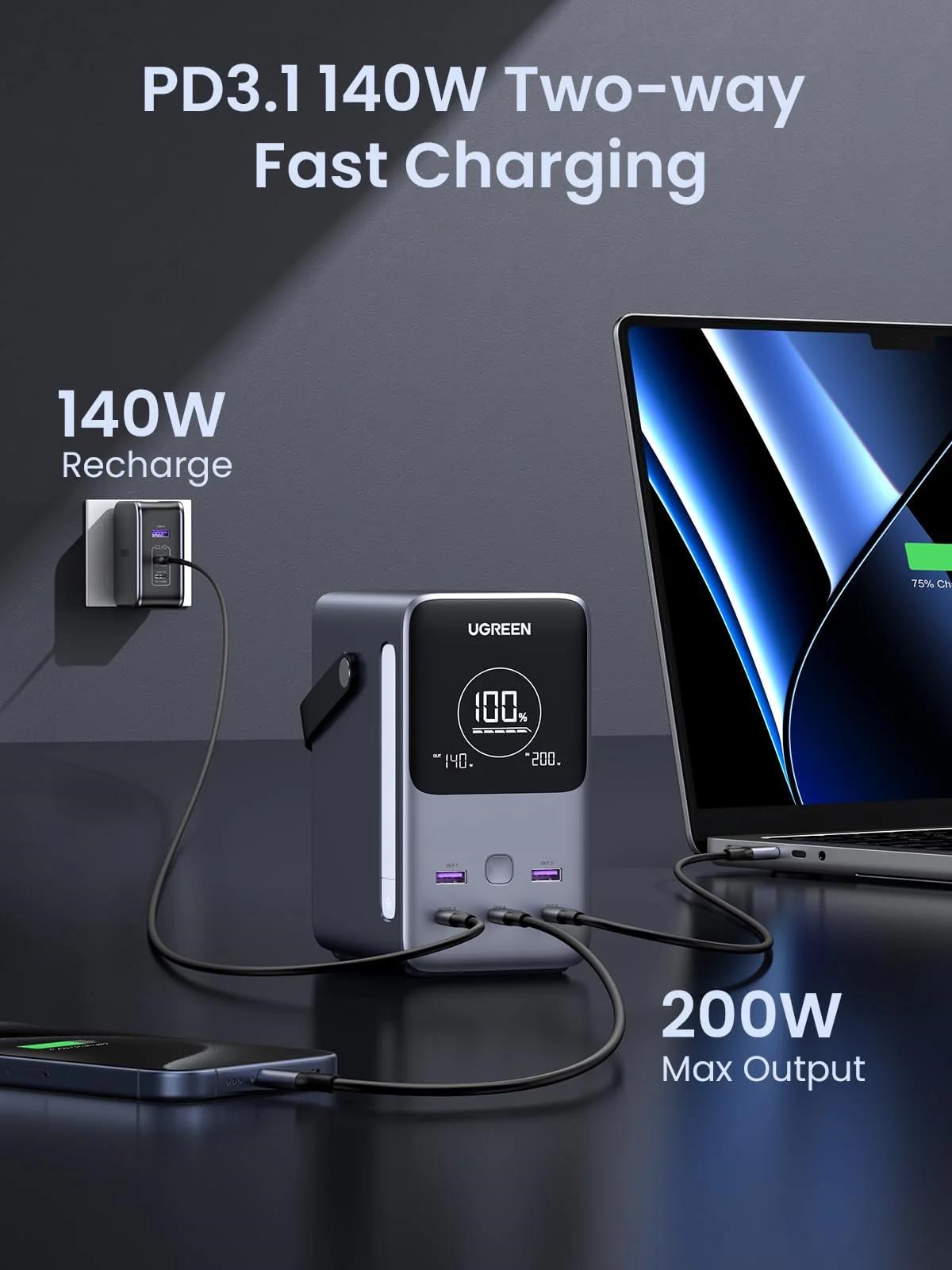UGREEN powerbanka s rychlým nabíjením 48000mAh 5-port s displejem a LED,  Li-ion,  300W,  3x USB-C,  2x USB-A,  stříbrná1 