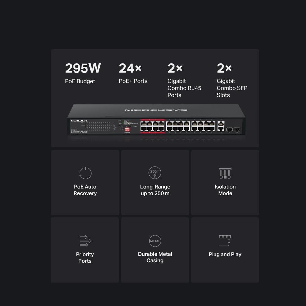 MERCUSYS switch MS126CP (24x100Mb/ s, 24xPoE+, 2xGbE/ SFPcombo, 295W)3 