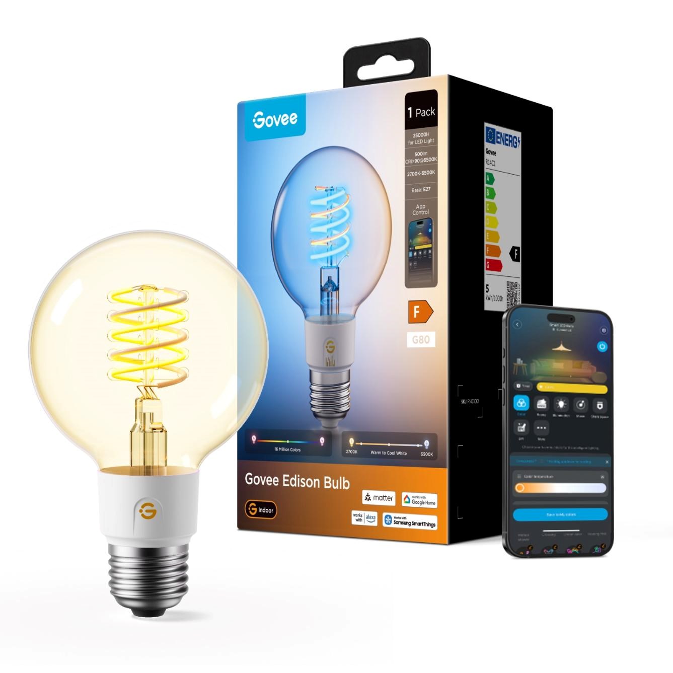 Govee Smart žárovka G80 RGBWW 5W-40W 500lm E27 Long Life,  Matter7 