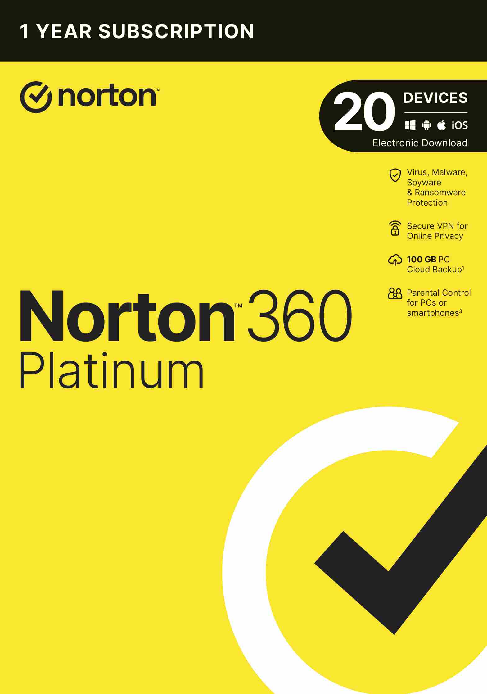 NORTON 360 PLATINUM 100 GB +VPN 1 používateľ pre 20 zariadení na 1 rok ESD