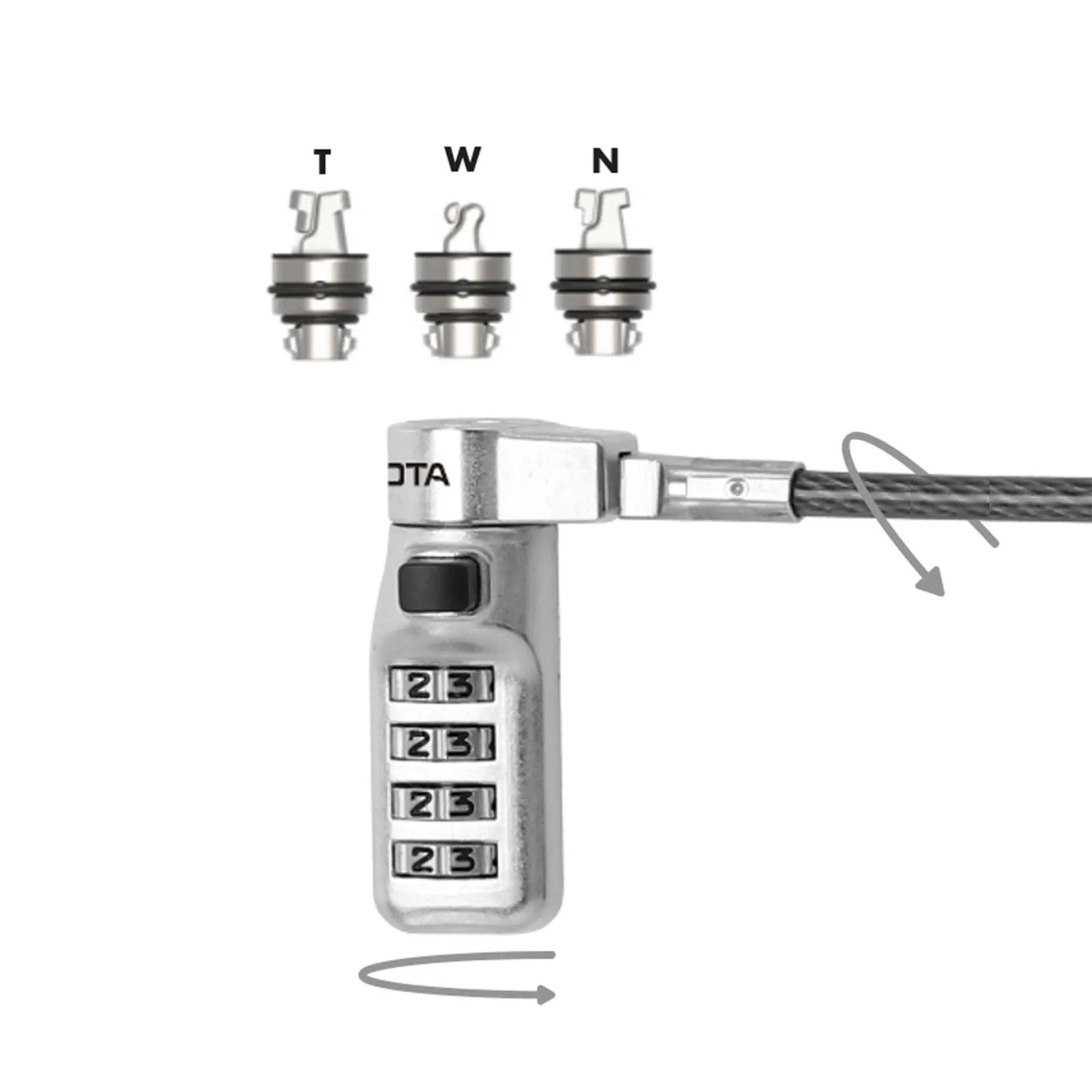 DICOTA Universal Security Cable Lock, 3 Exchangeable heads fits all slots,  combination1 
