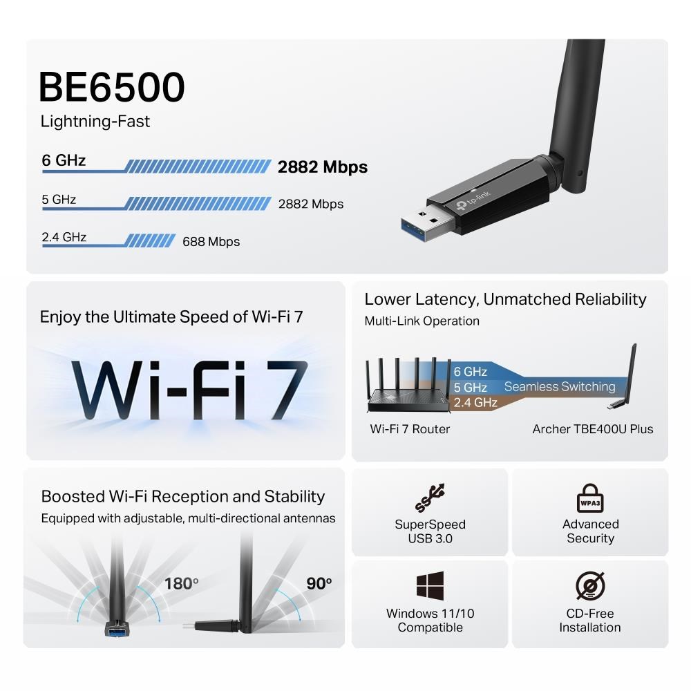 TP-Link Archer TBE400U Plus WiFi7 USB adapter (BE6500, 2, 4GHz/ 5GHz/ 6GHz, USB3.0)2 