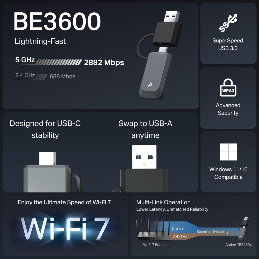 TP-Link Archer TBE230U WiFi7 USB adapter (BE3600, 2, 4GHz/ 5GHz, USB3.0)3 