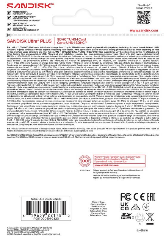 Sandisk Ultra PLUS SDHC karta 32GB UHS-I, V10,  U1,  C10,  (130MB/ s)4 