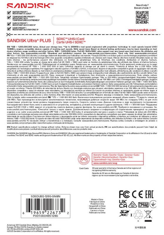 Sandisk Ultra PLUS SDXC karta 128GB UHS-I,  V10,  U1,  C10,  (200MB/ s)4 