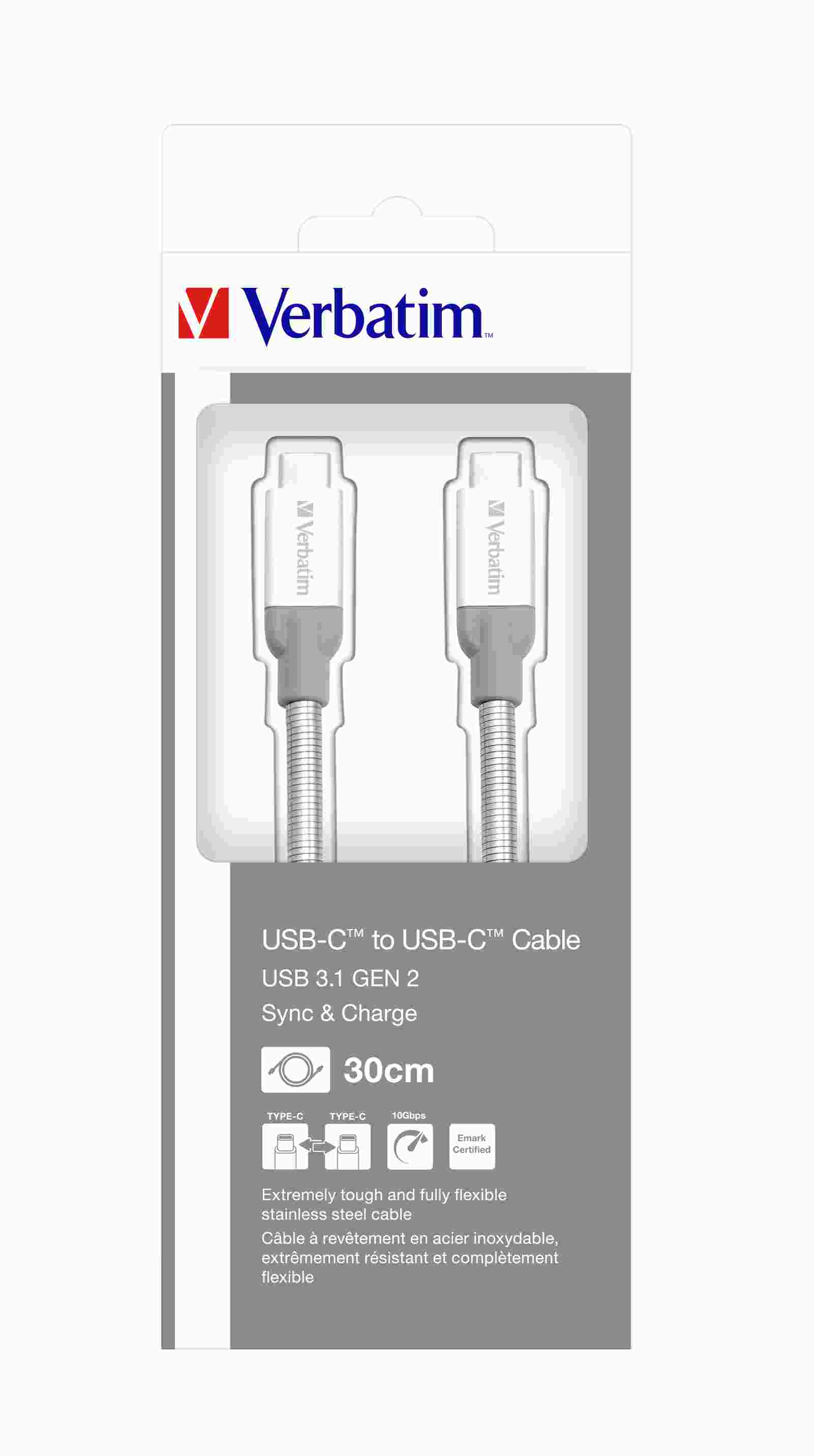 VERBATIM 48867 kabel USB-C to USB-C Sync & Charge Cable USB 3.1 GEN 2 30cm Silver _O2 polep4 