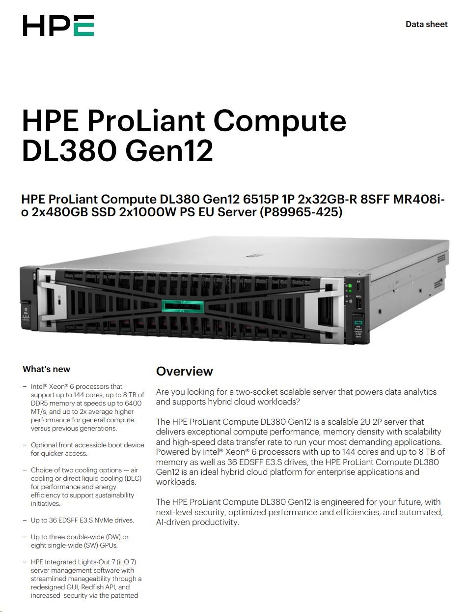 HPE PL DL380g12 6520P (2.4/ 24C) 2x32G (p69727) MR416i-o 8SFF 2x1000W 2p10G PFans NBD333 Smart Choice8 