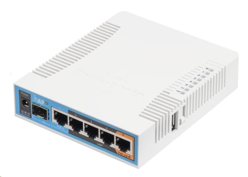 MikroTik hAP ac,  720MHz CPU,  128MB RAM,  5x LAN,  2.4+5GHz, Wi-Fi 802.11b/ g/ n/ ac,  SFP slot,  vrátane. L40 