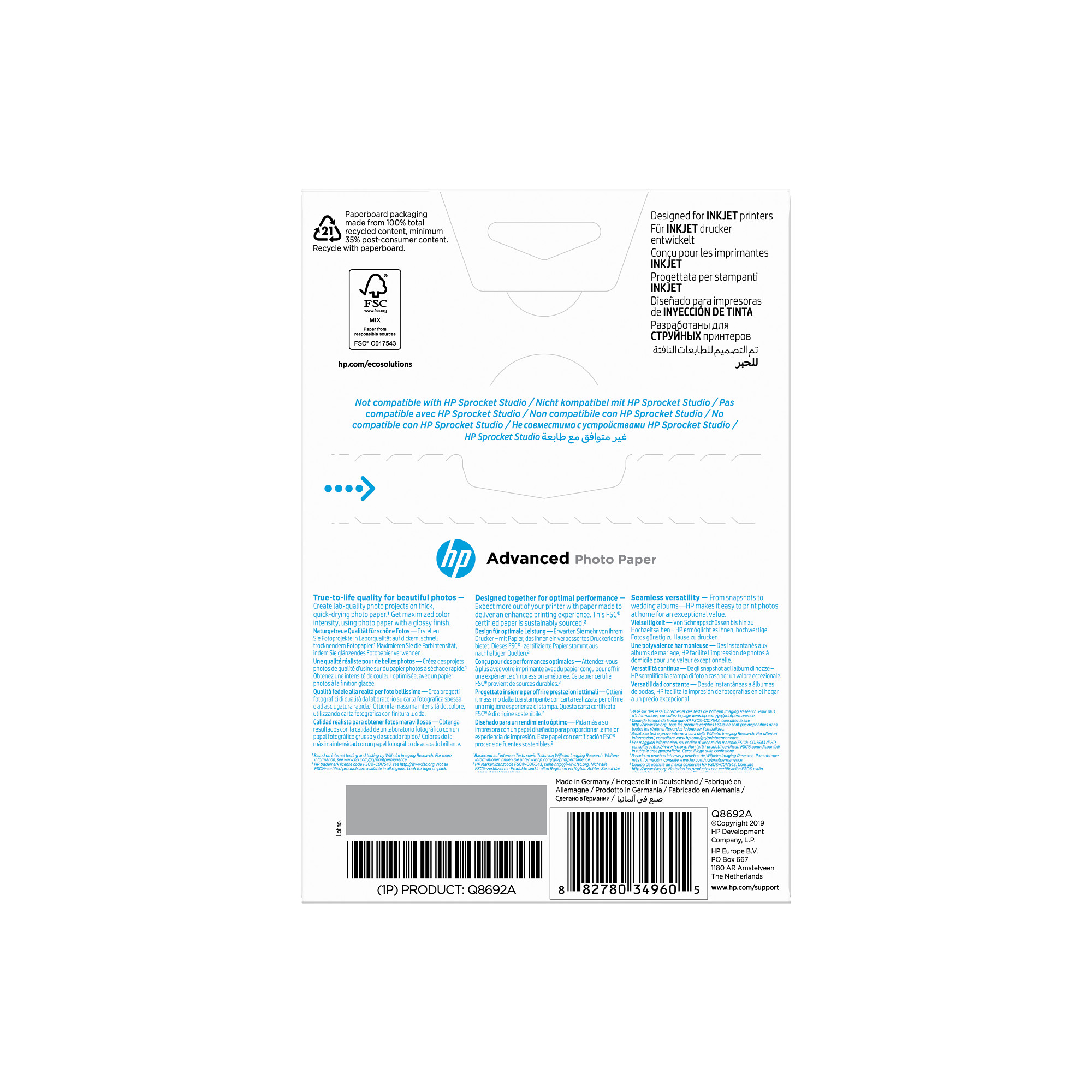 HP Advanced Glossy Photo Paper-100 sht/ 10 x 15 cm borderless,   250 g/ m2,  Q8692A2 