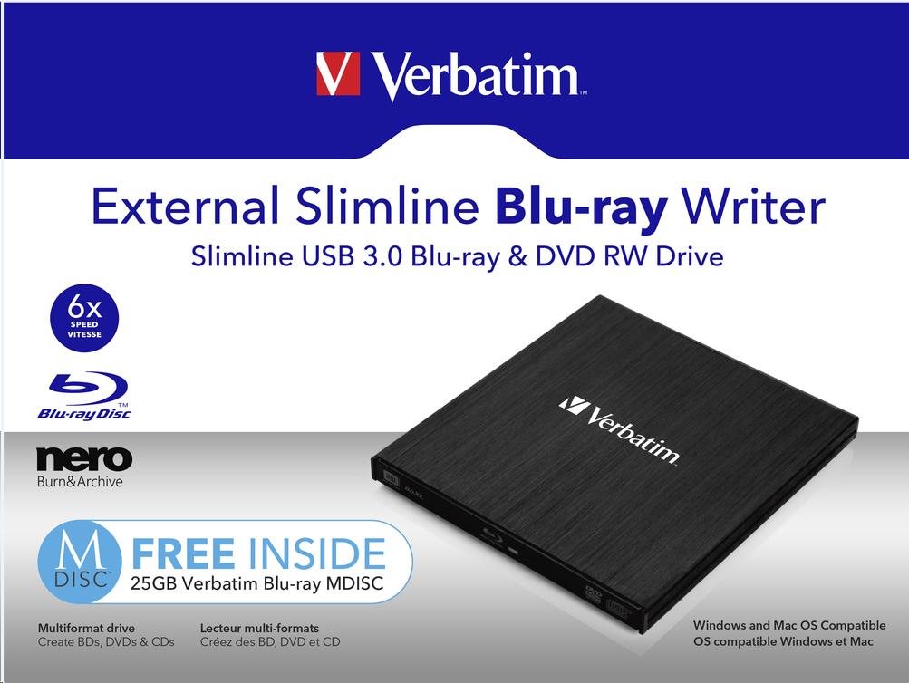VERBATIM Slimline Blu-ray Rewriter USB 3.0 Bezplatný BR disk 25 GB (CD DVD BD Mdisc)5 