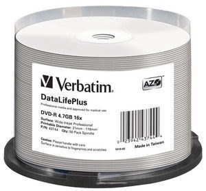 VERBATIM DVD-R(50-Pack)Vreteno/ Printable/ 16x/ 4.7GB/ ŠIROKÝ POTLAČITEĽNÝ POVRCH NON-ID0 