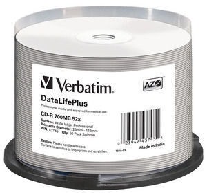 VERBATIM CD-R(50-pack) spindl,  AZO 52X, 700MB, WHITE WIDE PRINTABLE SURFACE NON-ID0 