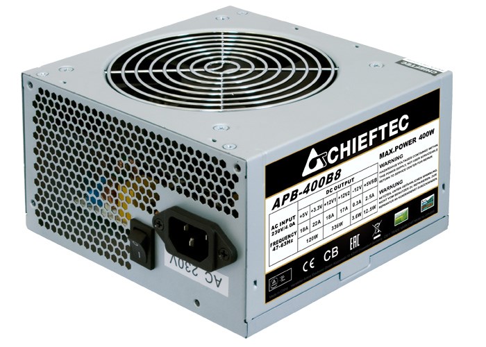 CHIEFTEC Value napájací zdroj,  APB-400B8,  400W,  ATX-12V V.2.3 ,  typ PS-2 s 12 cm ventilátorom,  aktívne PFC,  230 V0 