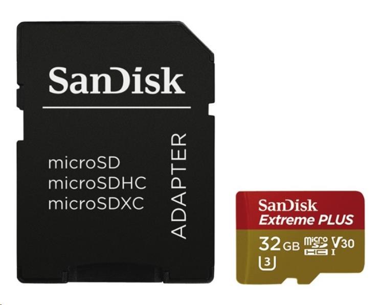 Karta SanDisk MicroSDHC 32GB Extreme PLUS (10MB/ s,  UHS-I V30,  Rescue Pro Deluxe) + adaptér1 