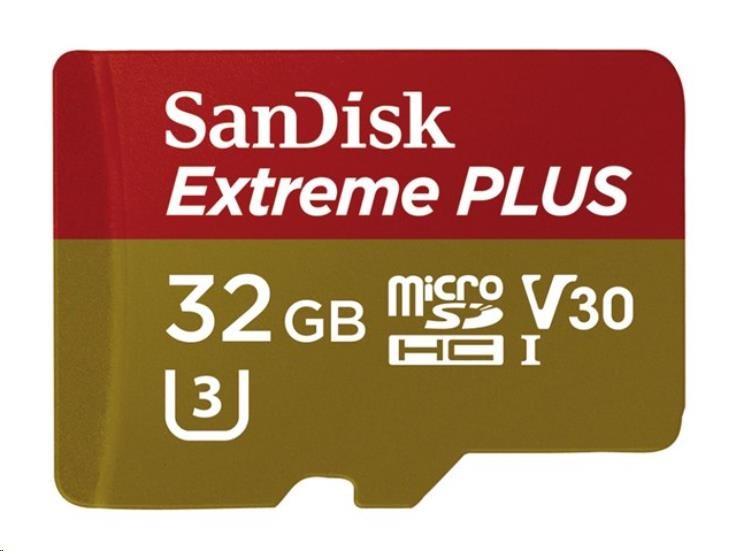 Karta SanDisk MicroSDHC 32GB Extreme PLUS (10MB/ s,  UHS-I V30,  Rescue Pro Deluxe) + adaptér2 