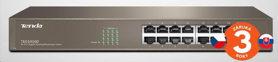 Tenda TEG1016D 16-portový gigabitový ethernetový prepínač,  10/ 100/ 1000 Mb/ s,  bez ventilátora,  montáž do racku0 