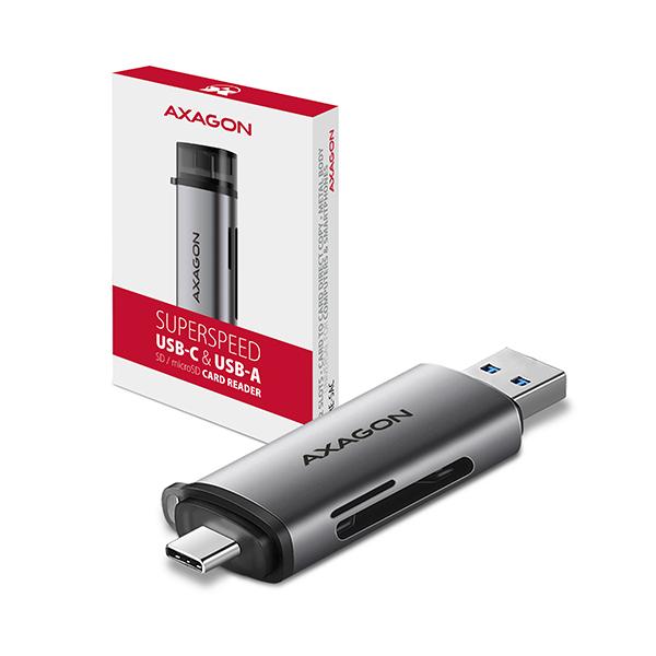 AXAGON CRE-SAC, USB3.2 Gen 1 Type-C + Type-A externá čítačka kariet SD/ microSD, podpora UHS-I