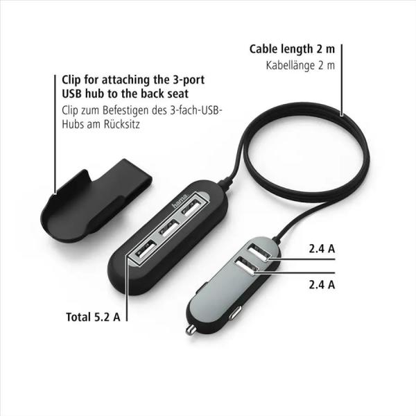 Nabíjačka Hama USB do vozidla 2+3,  AutoDetect,  10 A,  2 m4