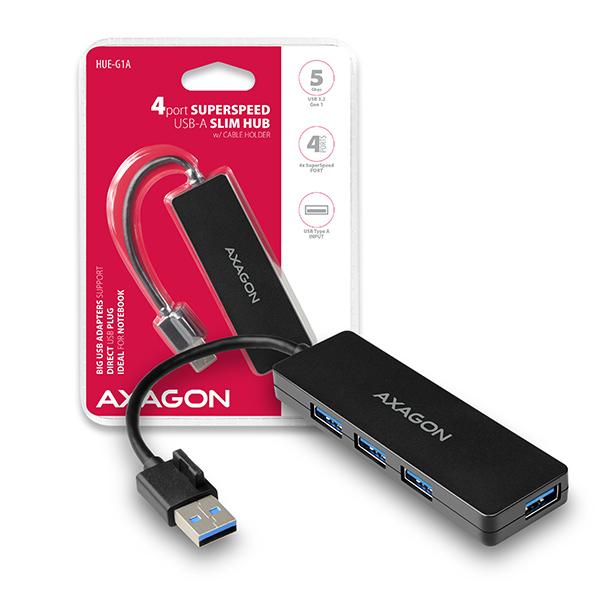 AXAGON HUE-G1A, 4x USB 3.2 Gen 1 SLIM hub, kábel Type-A 14cm napevno