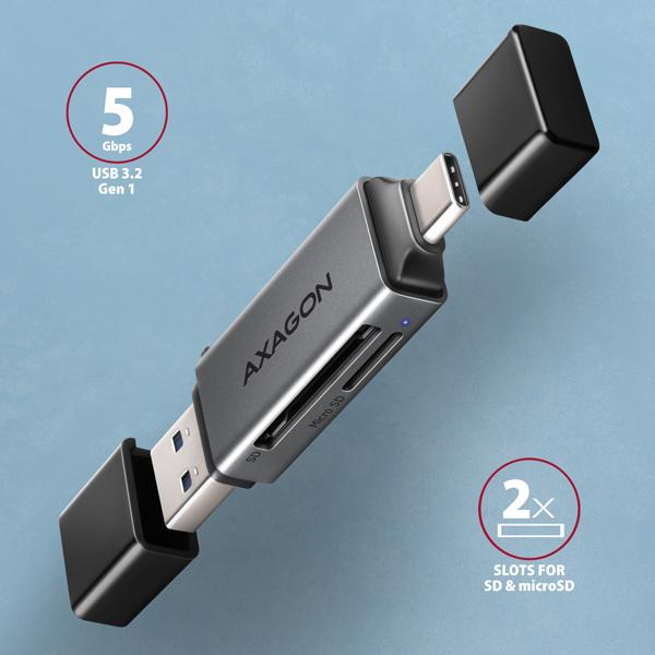 AXAGON CRE-DAC, USB-C + USB-A, 5 Gbps - MINI čítačka kariet, 2-slot & lun SD/ microSD, podpora UHS-I1
