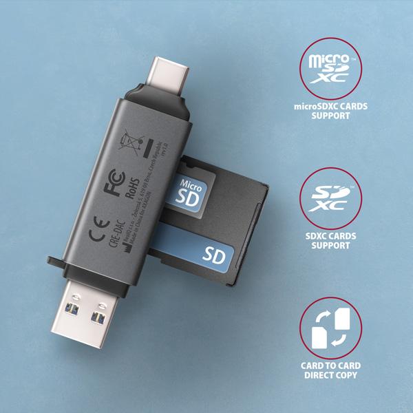 AXAGON CRE-DAC, USB-C + USB-A, 5 Gbps - MINI čítačka kariet, 2-slot & lun SD/ microSD, podpora UHS-I2