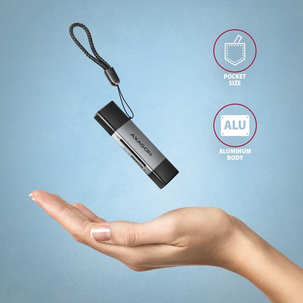 AXAGON CRE-DAC, USB-C + USB-A, 5 Gbps - MINI čítačka kariet, 2-slot & lun SD/ microSD, podpora UHS-I5