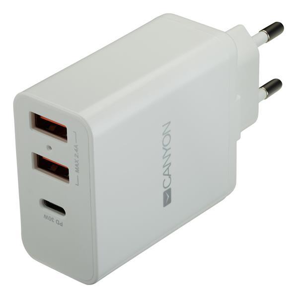 Canyon H-08, prémiová univerzálna nabíjačka do steny 30W, 2x USB, 5V/2.4A + 1xUSB-C Quick Charge, Smart IC, biela