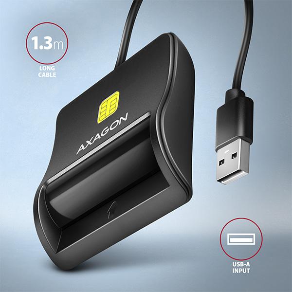 AXAGON CRE-SM3N, USB-A FlatReader čtečka kontaktních karet Smart card (eObčanka), kabel 1.3m0