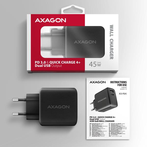 AXAGON ACU-PQ45 GaN nabíjačka do siete 45W, 2x port (USB-A + USB-C), PD3.0/ PPS/ QC4+/ SFC 2.0/ AFC/ Apple9