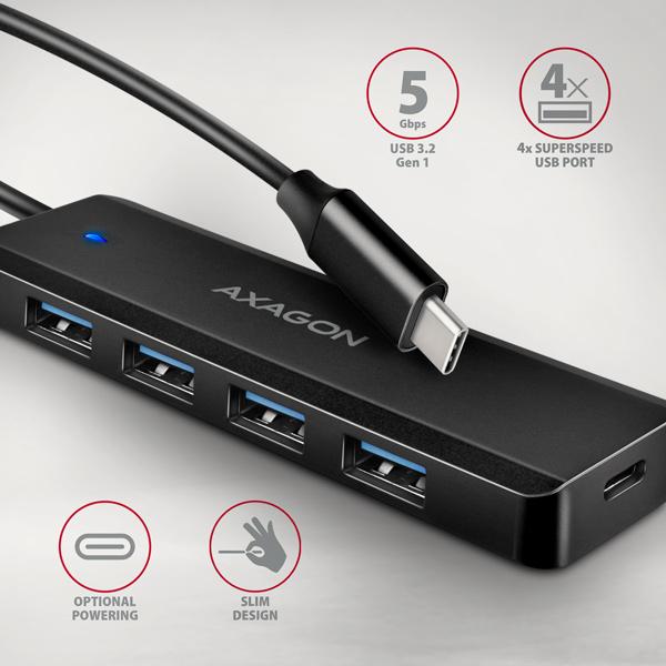 AXAGON HUE-C1C, 4x USB 5Gbps TRAVEL hub, USB-C napájací konektor, kábel USB-C 19cm1