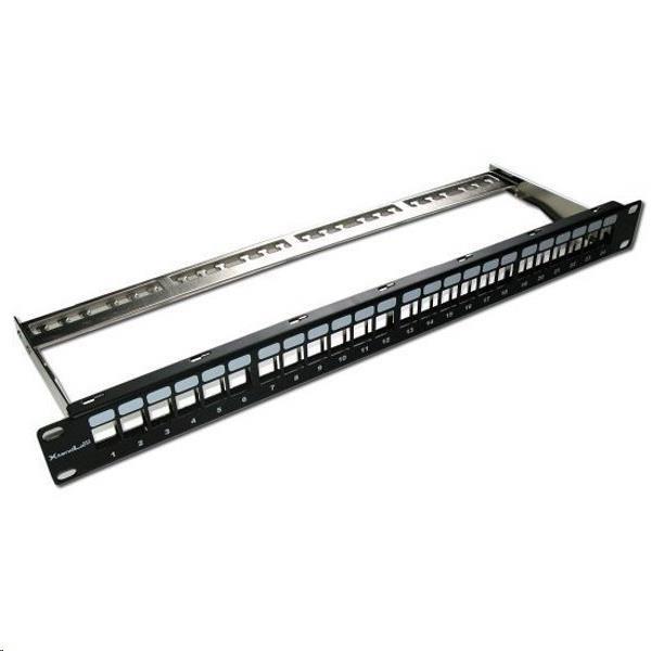 XtendLan Patch panel 19",  24 portů,  neosazený,  stíněný,  černý,  Cat5e/ 6/ 6A/ 7,  odnimatelný  vyvazovák