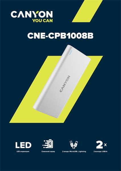 Canyon PB-108, Powerbank, Li-Pol, 10.000 mAh, Vstup: 1x Micro-USB, 1x Lightning, Výstup: 2x USB-A, biela4