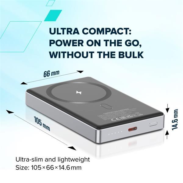 Canyon OnCharge 510, Powerbank, 10.000 mAh, in: USB-C, out: USB-C PD 20W + Wireless Magnet 15W, štíhla, šedá11