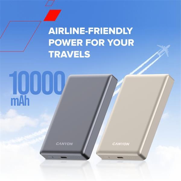 Canyon OnCharge 510, Powerbank, 10.000 mAh, in: USB-C, out: USB-C PD 20W + Wireless Magnet 15W, štíhla, šedá10