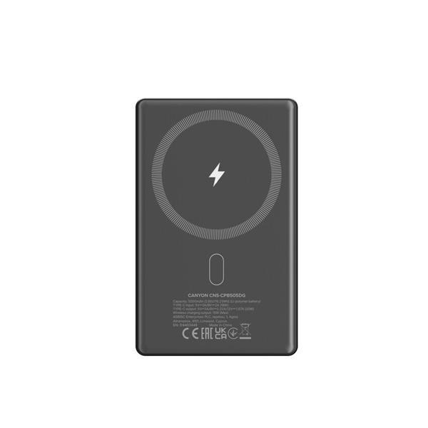 Canyon OnCharge 505, Powerbank, 5.000 mAh, in: USB-C, out: USB-C PD 20W + Wireless Magsafe 15W, ultratenká, šedá5
