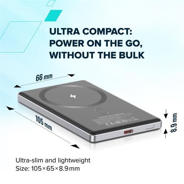 Canyon OnCharge 505, Powerbank, 5.000 mAh, in: USB-C, out: USB-C PD 20W + Wireless Magsafe 15W, ultratenká, šedá11