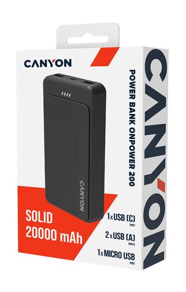 Canyon OnPower 200, Powerbank, 20.000 mAh, LED indikátor, in: 1x USB-C/1x microUSB, out: 1x USB-C a 2x USB-A 21