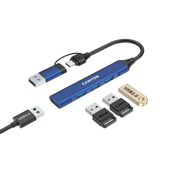 Canyon DS-02, USB-C Hub, 4 porty, 3xUSB 2.0 480Mbps, 1xUSB 3.0, 5Gbps, USB-C/USB-A adaptér, modrá4