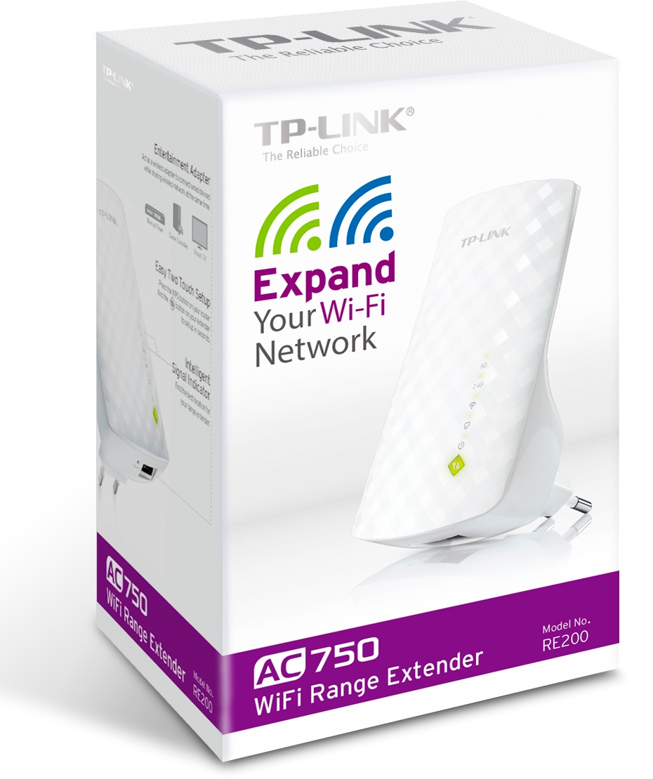 TP-Link RE200 AC750 Dual Band Wifi Range Extender/ AP, 3 interní antény, 1x10/ 100 RJ45, power schedule2 