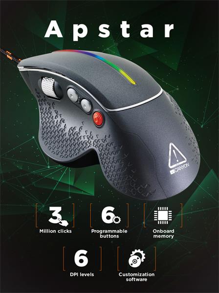 Canyon GM-12, Apstar herná myš, drôtová, optická, 800-6400 dpi, 6 program. tlač, bočné scroll, LED podsv.5 