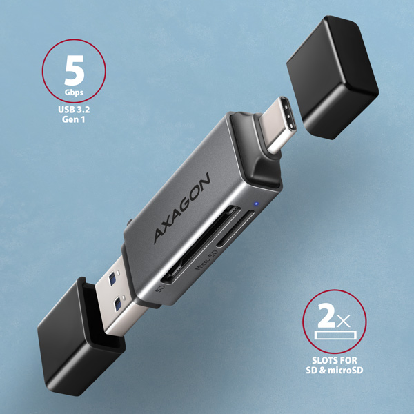 AXAGON CRE-DAC, USB-C + USB-A, 5 Gbps - MINI čítačka kariet, 2-slot & lun SD/ microSD, podpora UHS-I1 