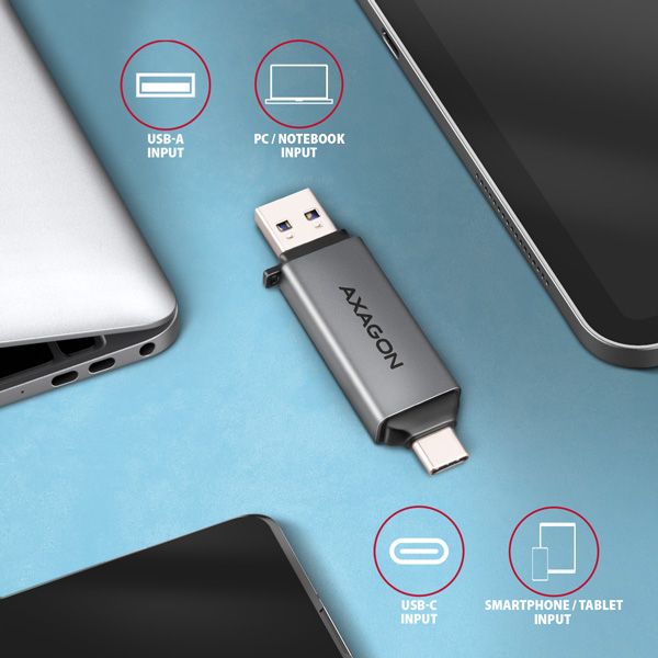 AXAGON CRE-DAC, USB-C + USB-A, 5 Gbps - MINI čítačka kariet, 2-slot & lun SD/ microSD, podpora UHS-I4 