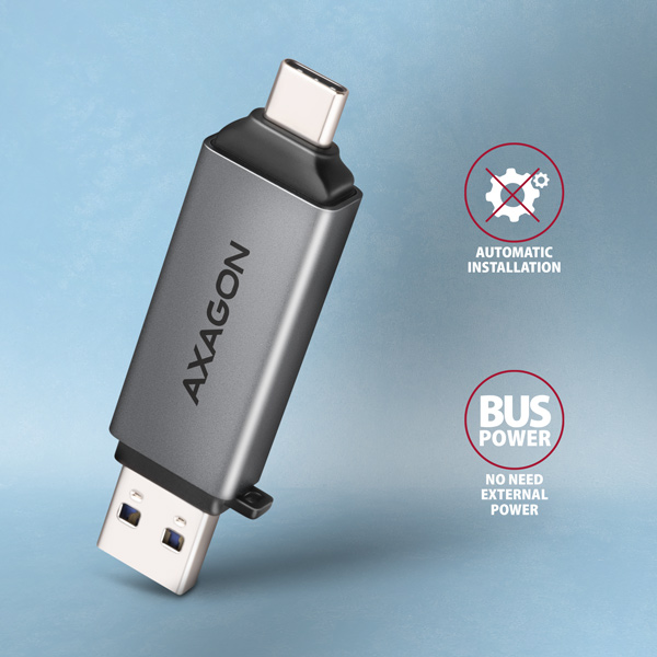 AXAGON CRE-DAC, USB-C + USB-A, 5 Gbps - MINI čítačka kariet, 2-slot & lun SD/ microSD, podpora UHS-I3 