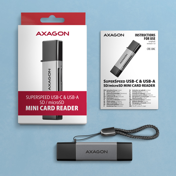 AXAGON CRE-DAC, USB-C + USB-A, 5 Gbps - MINI čítačka kariet, 2-slot & lun SD/ microSD, podpora UHS-I6 