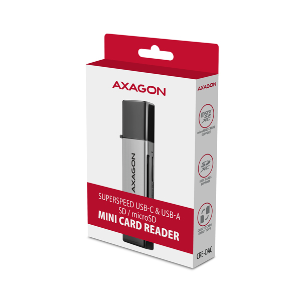 AXAGON CRE-DAC, USB-C + USB-A, 5 Gbps - MINI čítačka kariet, 2-slot & lun SD/ microSD, podpora UHS-I7 