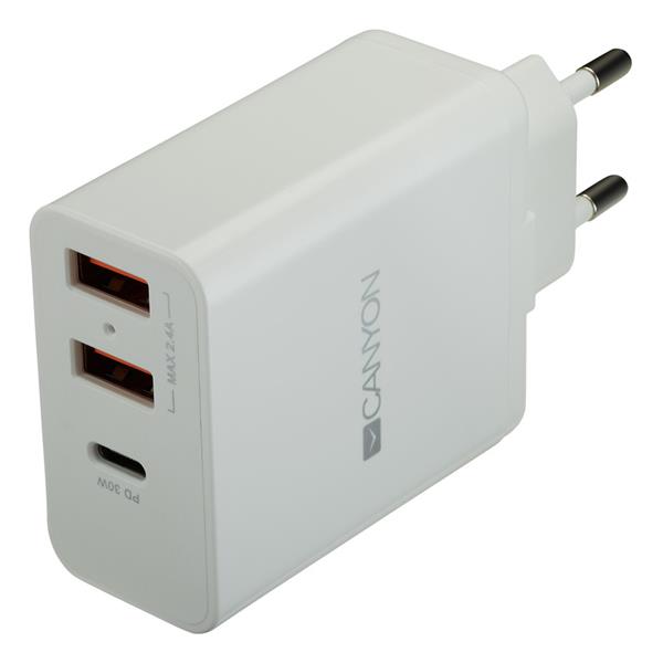 Canyon H-08, prémiová univerzálna nabíjačka do steny 30W, 2x USB, 5V/2.4A + 1xUSB-C Quick Charge, Smart IC, biela2 