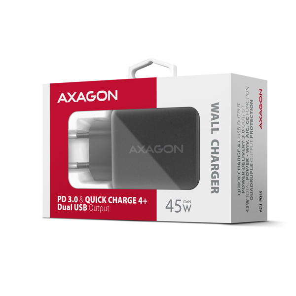 AXAGON ACU-PQ45 GaN nabíjačka do siete 45W, 2x port (USB-A + USB-C), PD3.0/ PPS/ QC4+/ SFC 2.0/ AFC/ Apple8 