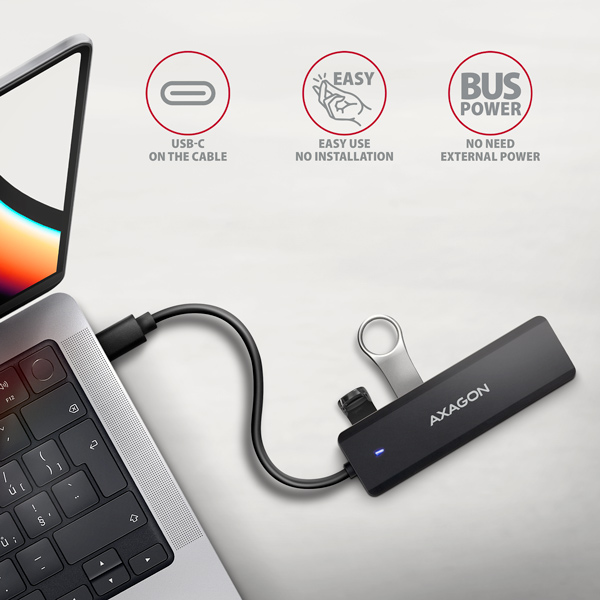 AXAGON HUE-C1C, 4x USB 5Gbps TRAVEL hub, USB-C napájací konektor, kábel USB-C 19cm2 